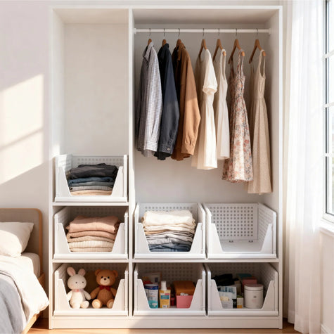 Gray closet organizer baskets neatly stacked inside bedroom wardrobe, with a person placing a folded basket into a wardrobe gap