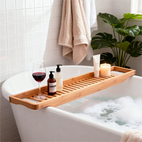 Bathtub caddy on a white bathtub holding fruits, aromatherapy, and skincare products, creating a relaxing bathing experience