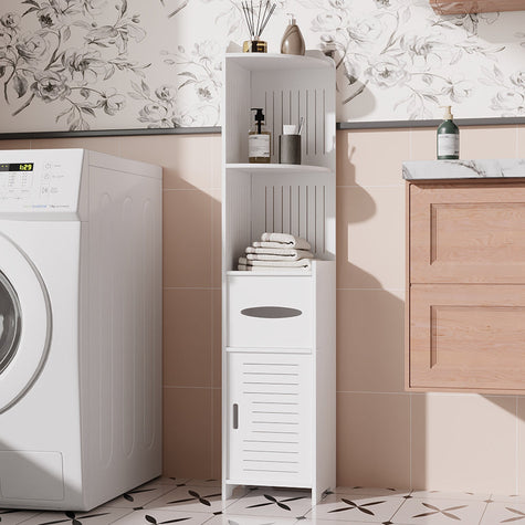 Three black corner caddy shelves mounted in the bathroom corner holding toiletries, with bath poufs and brushes hanging on the edges, neat and practical