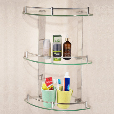 3 Tiers Bathroom Tempered Glass Corner Shelf with Steel Rail Wall Mounted - Lifeideas