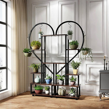 2-Piece Half-Heart Tiered Plant Stand with Wheels – 6-Tier Indoor/Outdoor Display Rack, Rustic Brown - Lifeideas