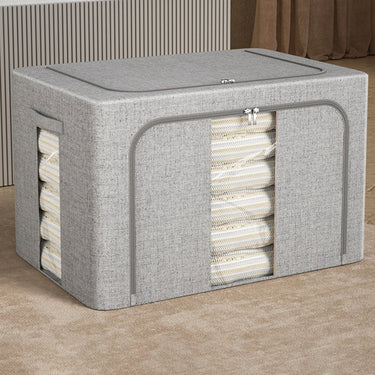 100L Collapsible Fabric Storage Box with Metal Frame and Clear Windows – Large Clothes Organizer with Dual Zippers - Lifeideas