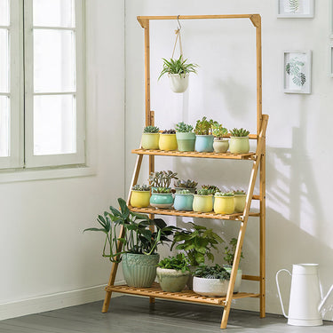 3-Tier Foldable Wooden Ladder Shelf with Hanging Rod – Portable Plant Stand for Indoor & Outdoor Use - Lifeideas