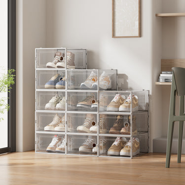 12-Pack Stackable Shoe Storage Boxes – Black Transparent Organizers with Ventilation Holes - Lifeideas
