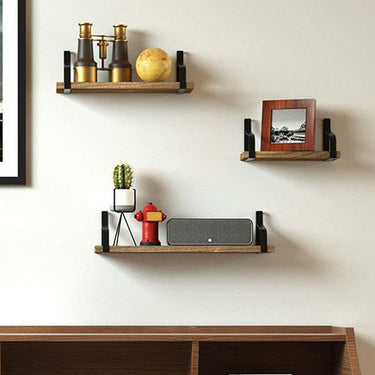 3-Piece Rustic Wood & Metal Floating Shelf Set – Wall-Mounted Decorative Storage Brackets - Lifeideas