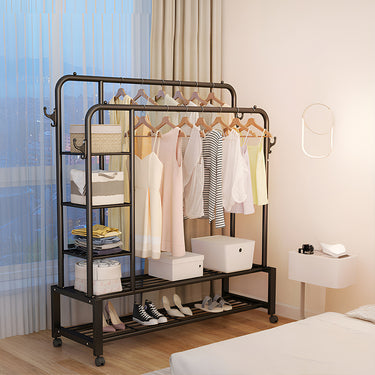 Clothing rack with shelves in a bedroom setting