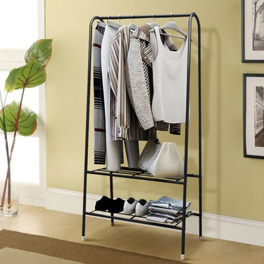 152cm Freestanding Metal Clothes Rail with Bottom Storage Shelves – Powder-Coated Black - Lifeideas