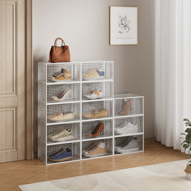 12-Pack Stackable Drop-Front Clear Shoe Storage Boxes – Ventilated & Foldable Organizer Set - Lifeideas