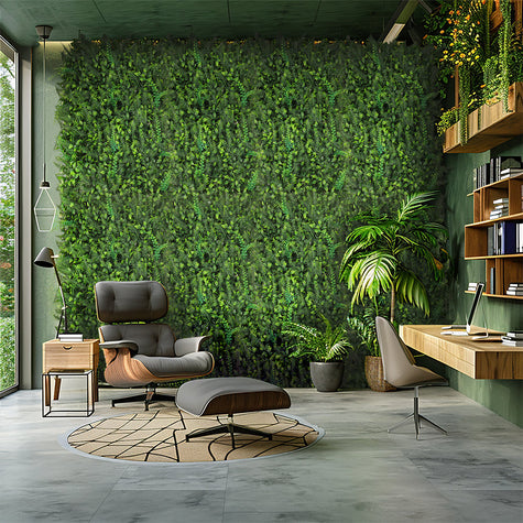 Modern living room with artificial green plant wall backdrop, UK contemporary home decor.