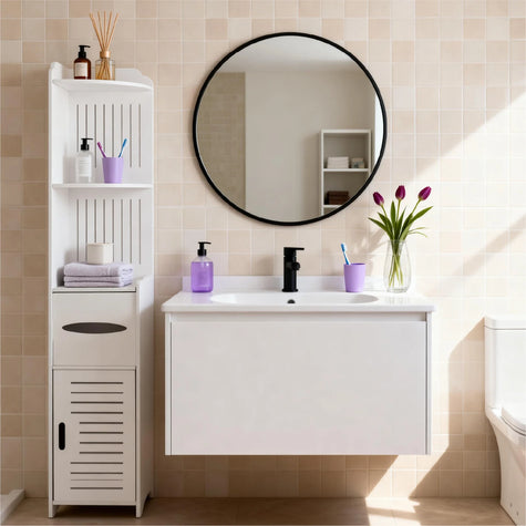 Oval bathroom mirror with gold frame hanging on light gray bathroom wall above the sink, featuring a minimalist and stylish design