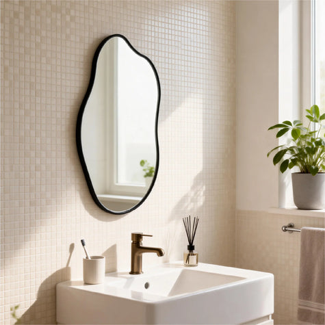 Black-framed mirror with arched top and rectangular bottom hanging on a green wall, accompanied by decorative items, enhancing the space’s aesthetic