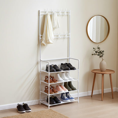 Simplified hall tree at the entrance with a full-length mirror on the left, hooks on the right holding hats and clothes, and a shoe rack with a shelf seat at the bottom