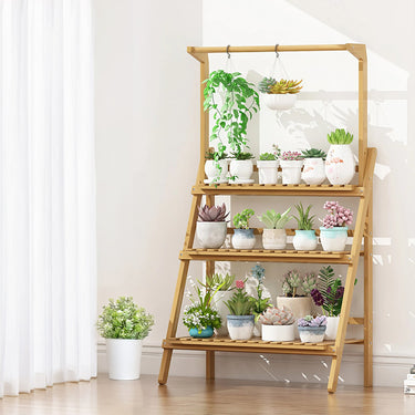 3-Tier Foldable Wooden Ladder Shelf with Hanging Rod – Portable Plant Stand for Indoor & Outdoor Use - Lifeideas