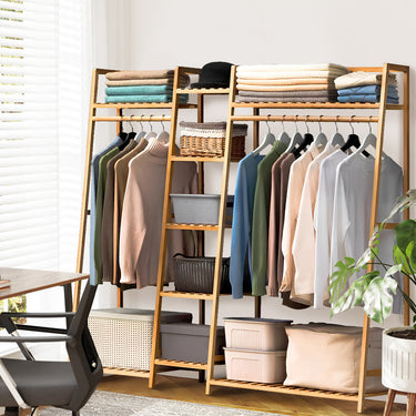 Trapezoid Bamboo Garment Rack with Tiered Shelves – Freestanding Wardrobe Organizer