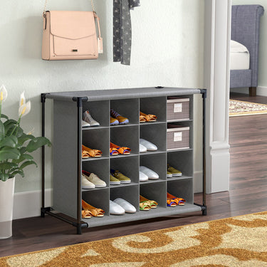 4-Tier Shoe Storage Rack – 16-Grid Freestanding Organizer with Fabric Cover and Metal Frame - Lifeideas