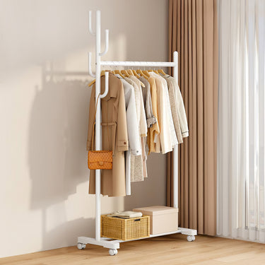 Rolling Garment Rack with Side Hooks and Bottom Shelf – Freestanding Clothes Organizer