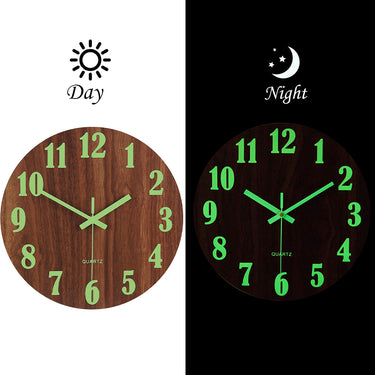 Wooden Luminous Wall Clock – Silent Quartz Movement with Glow-in-the-Dark Numbers for Home or Office
