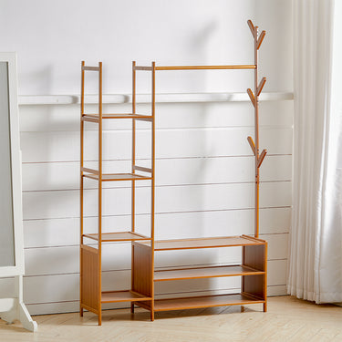 Freestanding Bamboo Clothes Rack with Shelves, Coat Hooks & Shoe Storage – All-in-One Entryway Organizer