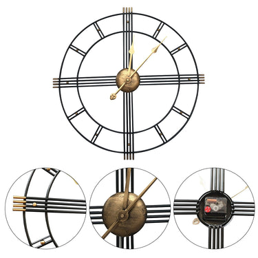 Oversized Round Metal Wall Clock – Cut-Out Design with Black and Gold Accents for Modern Statement Decor