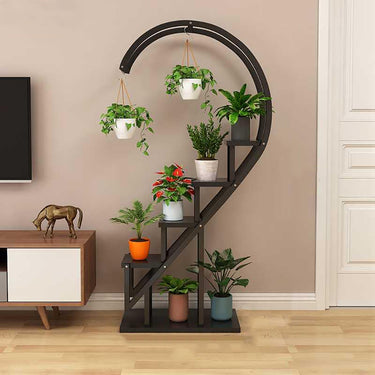 4-Tier Curved Plant Stand with Hanging Hooks – Modern Iron Display Shelf - Lifeideas
