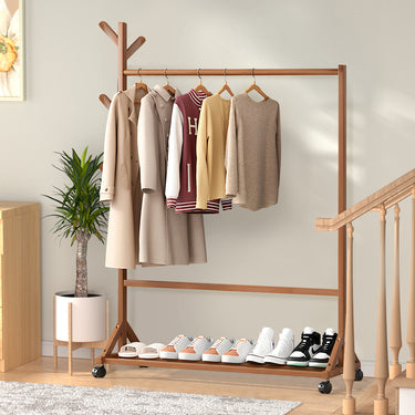 Bamboo Garment and Hat Rack with Wheels – Mobile Clothing Organizer with Shelf