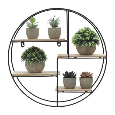 Round Floating Wall Shelf – 4-Tier Decorative Display Rack with Iron Frame and Wood Shelves