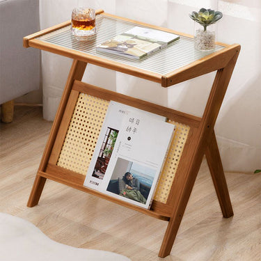 Small Bamboo End Table with Glass Top – Compact Side Table for Living Room or Balcony