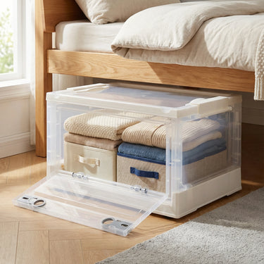 Transparent Folding Storage Box with Wheels – Stackable Home Organizer