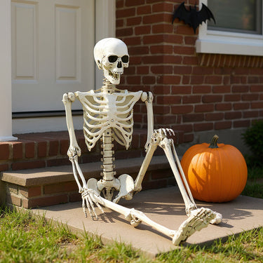 Realistic Full Body Halloween Skeleton Prop with Posable Joints - Eerie Distressed White Decoration for Haunted Houses