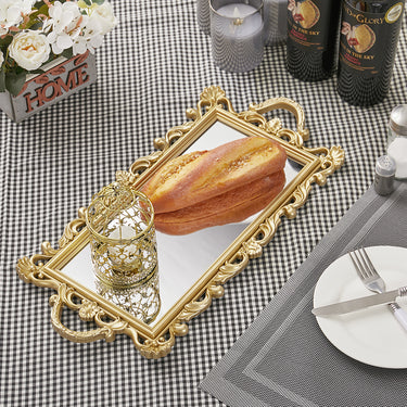 Elegant Mirror Base Serving Tray with Gold Decorative Border and Handles – Stylish & Functional Home Accent
