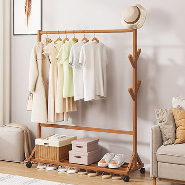 Bamboo Garment and Hat Rack with Wheels – Mobile Clothing Organizer with Shelf