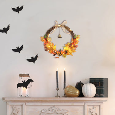 Artificial Pumpkin & Maple Leaf Wreath with Bell and LED Lights