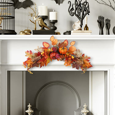 Artificial Autumn Maple Leaves Swag - Pumpkins, Berries & LED Lights for Halloween & Thanksgiving Decor