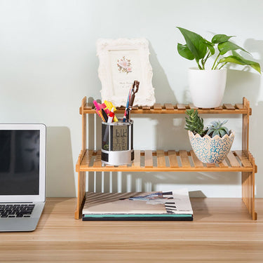 2-Tier Wooden Tabletop Plant & Display Shelf – Space-Saving Natural Organizer - Lifeideas