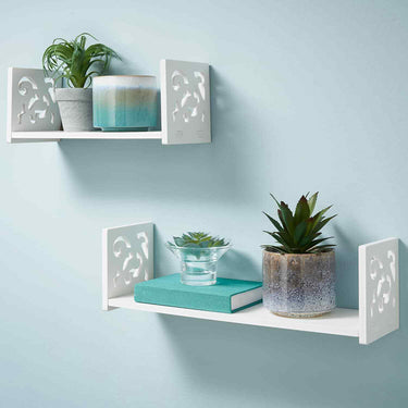 Set of 2 U-Shaped Floating Wall Shelves – Decorative White Display Racks with Carved Detailing