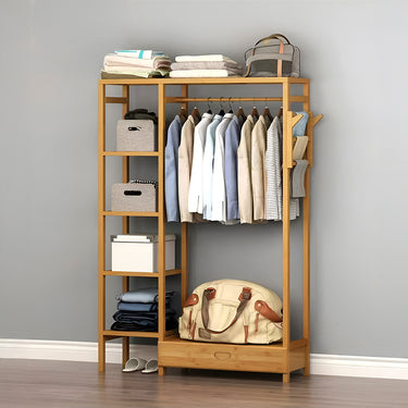 Wooden Clothes Rack with Hooks and Bottom Drawer – Freestanding Wardrobe Organizer