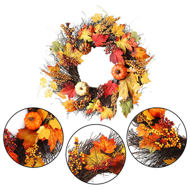 Realistic LED Fall Wreath with Artificial Maple Leaves, Pumpkins, and Berries - Harvest Door Decoration with LED Lights