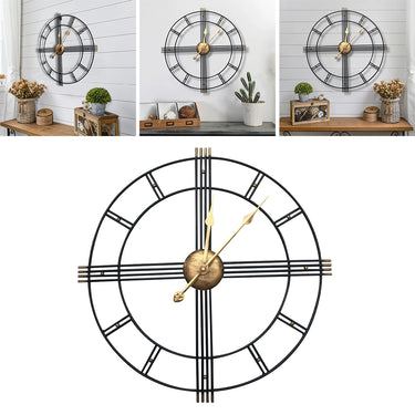 Oversized Round Metal Wall Clock – Cut-Out Design with Black and Gold Accents for Modern Statement Decor