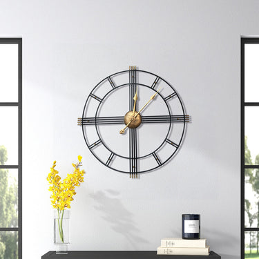 Oversized Round Metal Wall Clock – Cut-Out Design with Black and Gold Accents for Modern Statement Decor