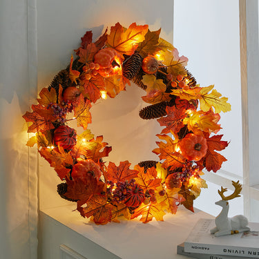 Faux Maple Leaves Halloween Wreath with Lights - Autumn Door Decoration with Pumpkins, Berries, and Pine Cones