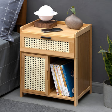 Compact Wooden Nightstand – Multi-Storage Bedside Table with Drawer and Sliding Door