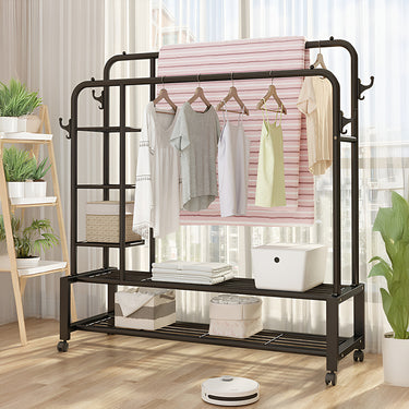 Double-Rod Clothes Rack with Wheels and Side Shelves – Black Metal, 120cm