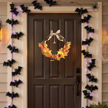 Artificial Pumpkin & Maple Leaf Wreath with Bell and LED Lights