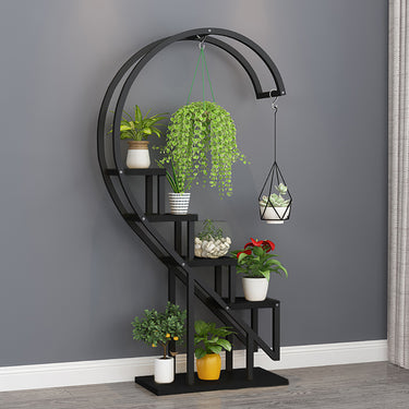 4-Tier Curved Plant Stand with Hanging Hooks – Modern Iron Display Shelf - Lifeideas