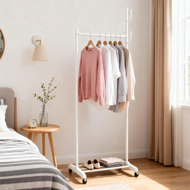 Rolling Garment Rack with Side Hooks and Bottom Shelf – Freestanding Clothes Organizer