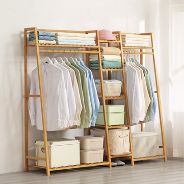 Trapezoid Bamboo Garment Rack with Tiered Shelves – Freestanding Wardrobe Organizer