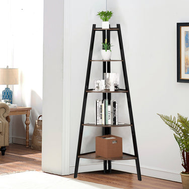 5-Tier Freestanding Vintage Ladder Corner Shelf – Brown & Black Industrial Storage Rack - Lifeideas
