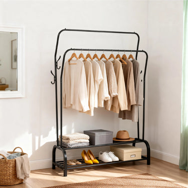 Double-Rod Metal Garment Rack with Hooks and Storage Shelf