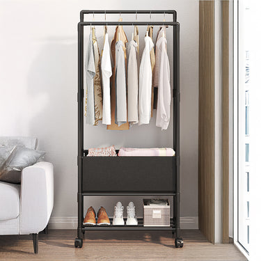 Double Rod Rolling Clothes Rack with Shelf and Laundry Basket, Metal Garment Organizer