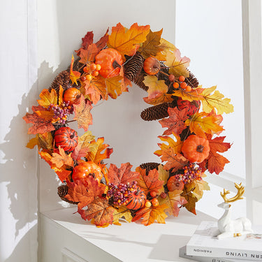 Faux Maple Leaves Halloween Wreath with Lights - Autumn Door Decoration with Pumpkins, Berries, and Pine Cones